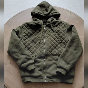 Esparda Mens Quilted Olive Green Hooded Fleece Lined Front Zip Coat Size Large.